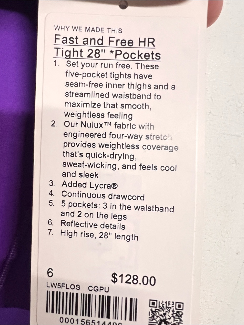 New Lululemon Fast And Free Collegiate Purple High-Rise‎ Leggings 28” Pockets - Picture 5 of 6